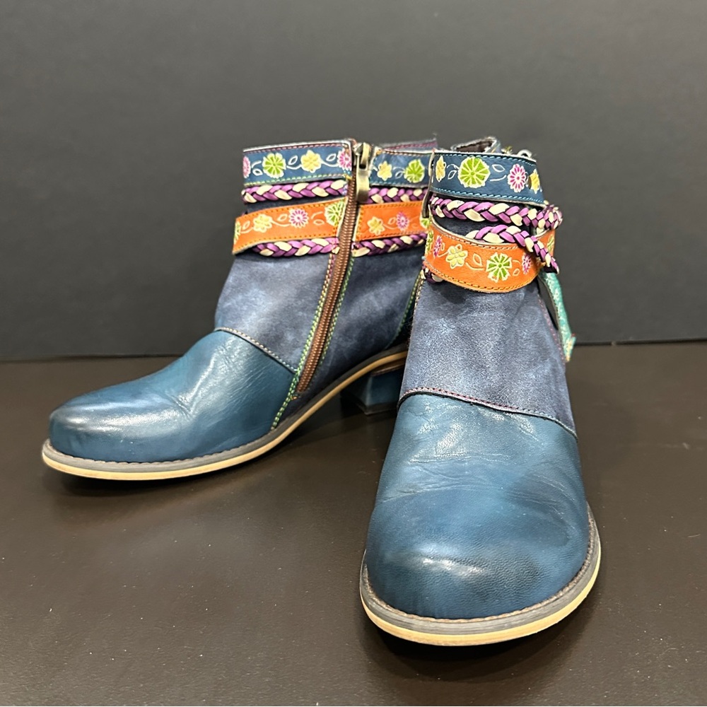 Blue Embellished Ankle Boots with Orange Accent - Women